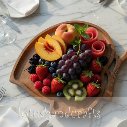 Redwood leaf shaped serving tray with a natural design that is beautiful and easy to clean.