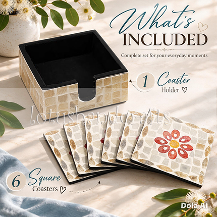 A stylish coffee table display featuring the coaster holder with its side inlay detail alongside a cozy cup of warm coffee and floral arrangement