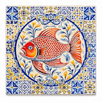 A square ceramic coaster featuring a golden-orange tilefish with intricate scales, flowing fins, and vibrant red accents, framed by elegant blue floral patterns.