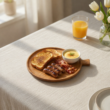 Handcrafted round ashwood serving plate with handle for elegant and practical everyday use.