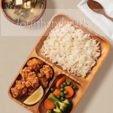 Ashwood rectangle serving tray with three compartments for coffee, snacks, fruits, and healthy meals.