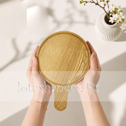 Round ashwood serving tray with paddle handle for coffee moments, handcrafted by Lotushandcrafts.