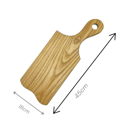 Ash wood serving board with handle in a practical size for everyday use.