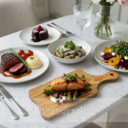 Ash wood serving board with handle for beautifully plating food and everyday meals.