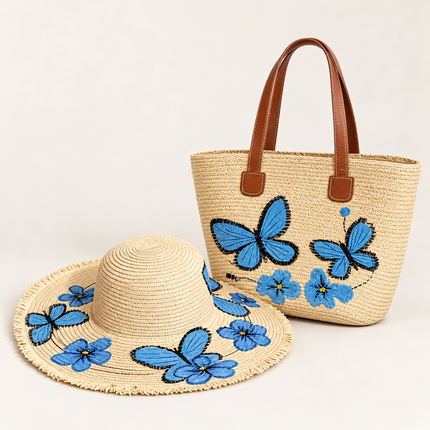 Straw Hat & Tote Bag Set – Blue Butterfly & Floral