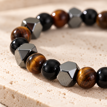 Tiger’s Eye, Black Agate & Hematite Natural Stone Bracelet approx 18–18.5 cm