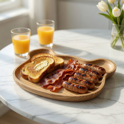 Handcrafted bear shape wooden serving tray designed to be safe and comfortable for users.