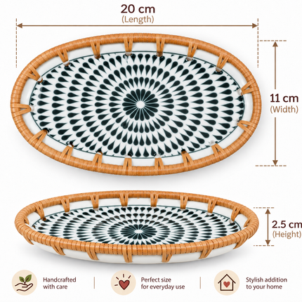 Decorative oval tray combining geometric sunburst motifs, monochrome artistry, and rustic rattan craftsmanship.