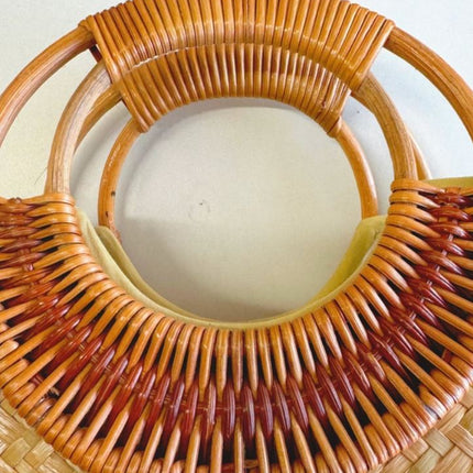Artisan Hand-Painted Lotus Rattan Handbag with Bamboo Handle.