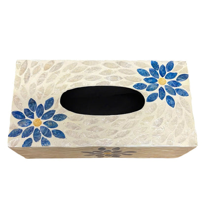 rectangular blue floral mosaic natural shell tissue box showcasing its detailed handcrafted shell inlay.