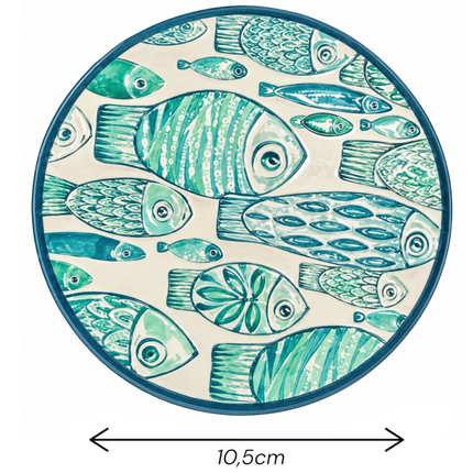 Discover the beauty of intricate fish scales, geometric details, and decorative motifs in a harmonious turquoise and cream composition.