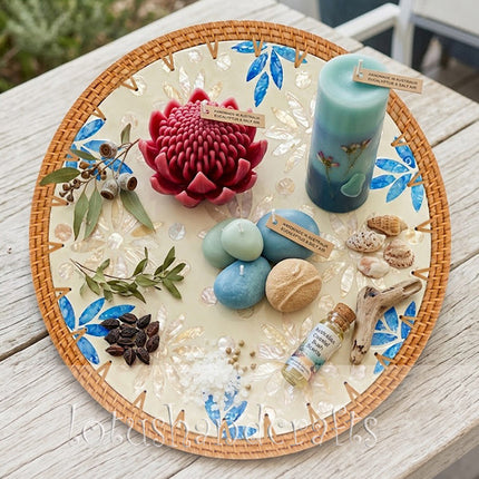 Round Mother of Pearl Rattan Pearl Blossom Blue Leaf Charger Plate by Lotushandcrafts.