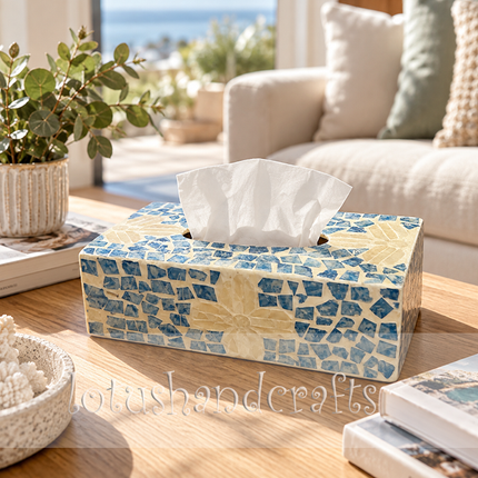 Detailed angle of the floral patterned mother-of-pearl tissue box combining timeless artistry and daily utility.