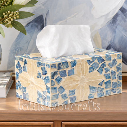Luxury natural sea shell rectangular tissue holder designed to elevate dining table and coffee table settings.
