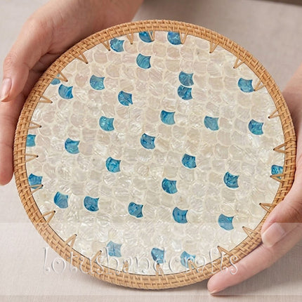 Round Rattan Mother of Pearl Blue Mosaic Placemat by Lotushandcrafts.