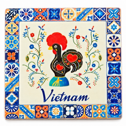 Celebrate Vietnamese folk art with a charming black rooster, vibrant red hearts, and delicate floral details on this square ceramic coaster.
