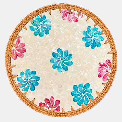 Handmade Mother of Pearl Blue & Pink Floral Mosaic Round Rattan Placemat & Charger Plate 35cm by Lotushandcrafts.