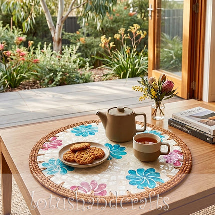 Mother of Pearl Blue & Pink Floral Mosaic Round Rattan Placemat & Charger Plate 35cm by Lotushandcrafts.