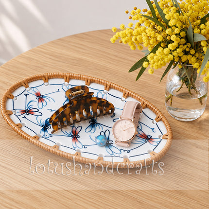 Blue and red dragonfly artwork creates a charming decorative accent for coffee tables, dining areas, shelves, or entryways.