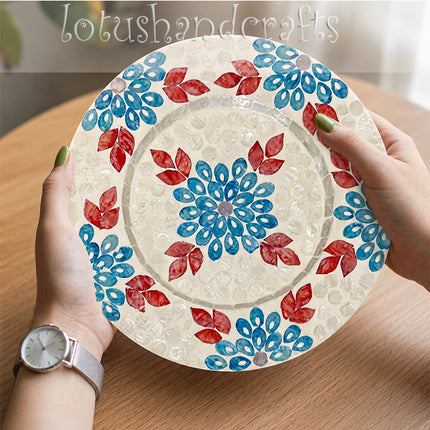 Mother of Pearl Blue & Red Floral Mosaic Decorative Plate.
