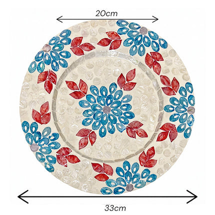 Mother of Pearl Blue & Red Floral Mosaic Inlay  Decorative Plate by Lotushandcrafts. 