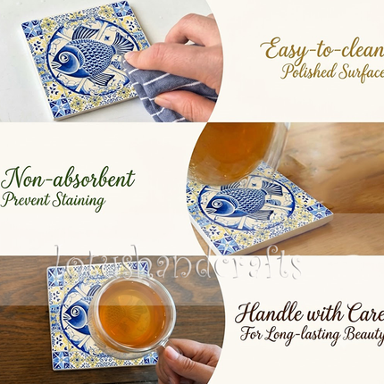 Decorative square coaster showcasing golden-yellow floral motifs, delicate blue botanical vines, and intricate geometric starburst corner patterns.