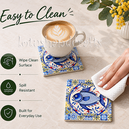 Intricate blue scrollwork, geometric patterns and golden-yellow flowers create a vibrant decorative border against a warm ivory background.