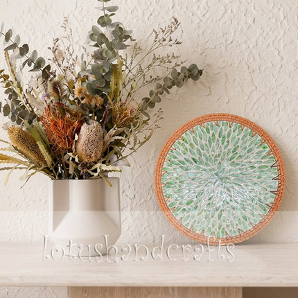 cute rattan placemat with shimmering green mother of pearl leaf inlay by Lotushandcraft.