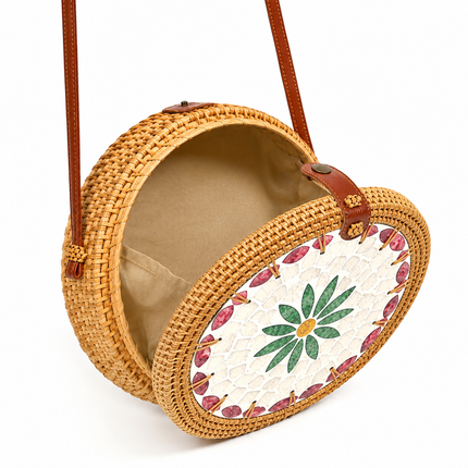 Green Daisy Round Rattan Crossbody Bag with Inlaid Mother Pearl Round Straw Purse.