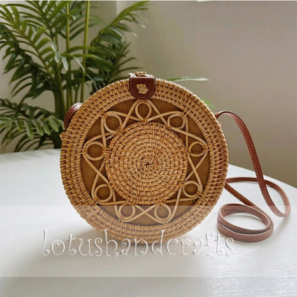 Unique Boho Rattan Round Shoulder Bag for Women with Handwoven Beach Style Charm.