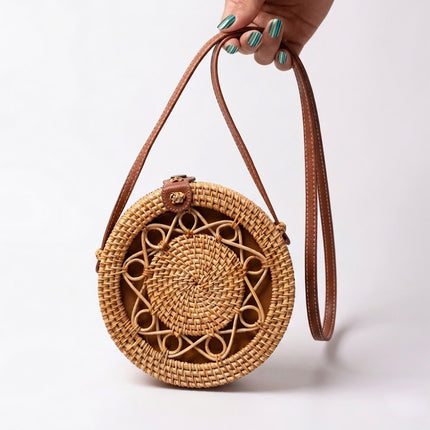 Cute boho round rattan shoulder purse for women with a stylish handwoven beach design.