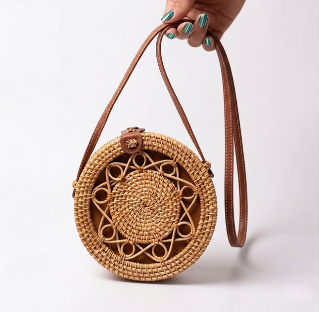 Cute boho round rattan shoulder purse for women with a stylish handwoven beach design.