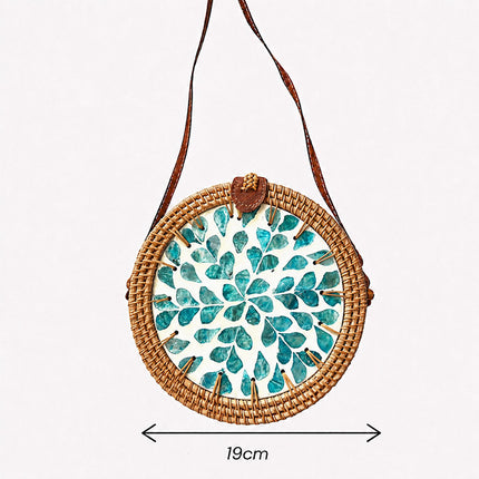 Handcrafted Round Rattan Bag With Mother Inlay with Teal Floral Pearl Mosaic - Boho Style by LotusHandcrafts
