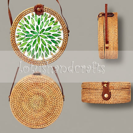 Unique boho round rattan crossbody bag with green leaf mother of pearl inlay.