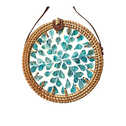 Handcrafted Boho Round Rattan Bag with Mother-of-Pearl Inlay – Artisan Summer Crossbody Purse.