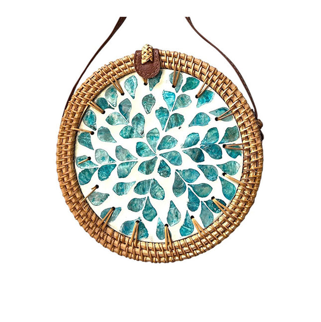 Handcrafted Boho Round Rattan Bag with Mother-of-Pearl Inlay – Artisan Summer Crossbody Purse.