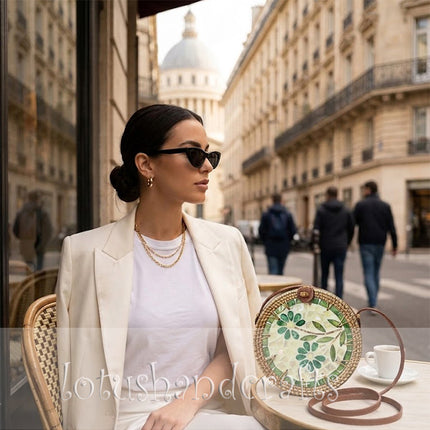 Jade Petal Mosaic Round Rattan Crossbody Bag with Luxurious Mother of Pearl Accents.