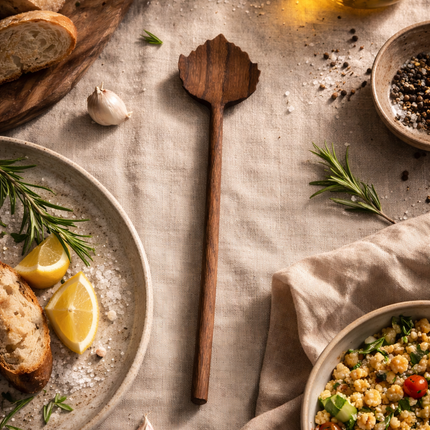 Hand carved leaf wooden salad spoon beautifully serves meals and adds natural elegance to everyday dining experiences.