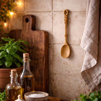 Hand carved rope handle wooden spoon adds natural charm and rustic decor to your kitchen and dining space.