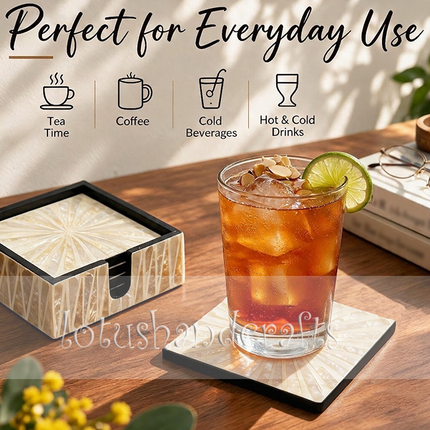 Six handcrafted shell coasters with a matching holder, showcasing an intricate sunshine-inspired radial pattern.