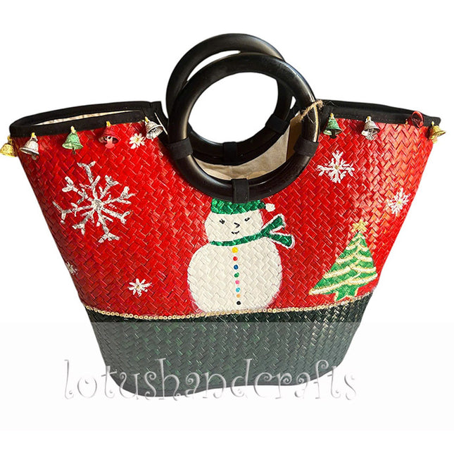 Handwoven Christmas hand-painted seagrass tote with round black handle.