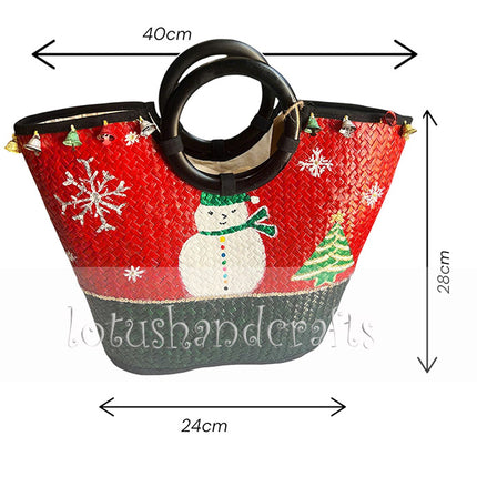 Christmas hand-painted seagrass tote bag with round black handle.