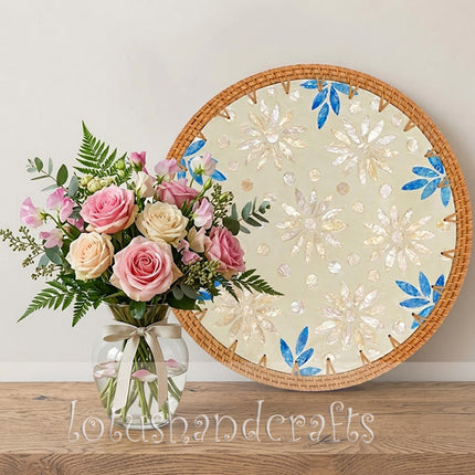 Round Mother of Pearl Rattan Pearl Blossom Blue Leaf Placemat by Lotushandcrafts.
