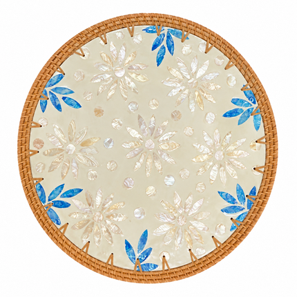 Handcrafted Mother of Pearl Rattan Pearl Blossom Blue Leaf Charger Plate Placemat by Lotushandcrafts.