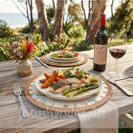 Round mother of pearl rattan placemat showcasing radiant sunburst flowers and intricate handcrafted decorative details.
