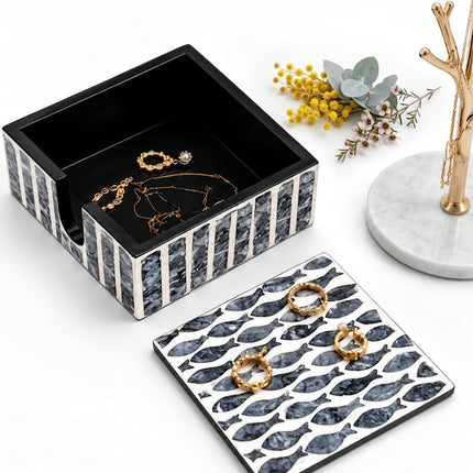 Premium fish-pattern coasters presented with matching decorative storage box - seamless design.
