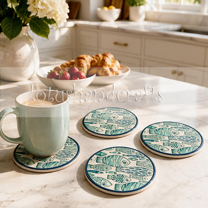 Create a relaxing coastal atmosphere with this eye-catching fish-pattern coaster, beautifully complementing natural wood and modern interiors.