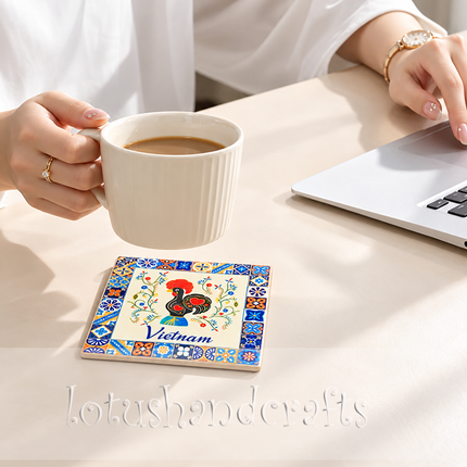 Enjoy the artistic contrast of the bold black rooster, vivid red heart details, and colourful botanical elements that make this ceramic coaster truly distinctive.