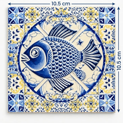 Square ceramic coaster with a central blue sardine illustration framed by symmetrical floral ornaments, geometric patterns, and delicate scrolling vines.