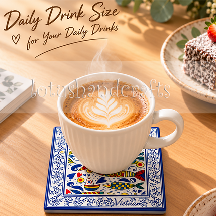 Square ceramic coaster showcasing intricate blue floral ornaments, symmetrical botanical patterns, and a decorative border inspired by traditional tile art.